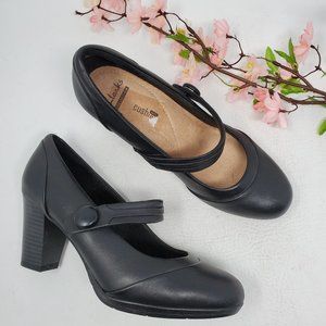 Clarks Black Leather Mary Janes Heels 6 Wide